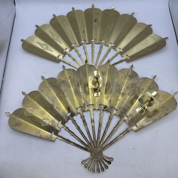 Vtg Home Interiors Gold Tone Fans Set Of 4 Wall Hanging Decor Oriental - Picture 7 of 7